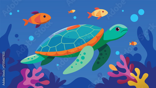 Majestic sea turtle gliding through vibrant coral reef ocean depths illustration