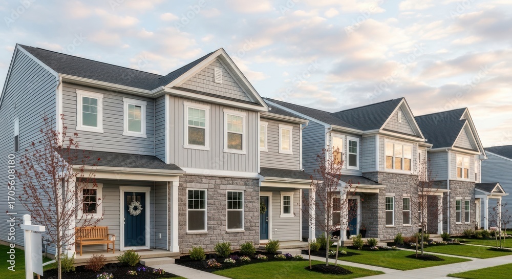 A row of modern suburban townhouses with gray siding and stone accents under a A row of modern suburban townhouses with gray siding and stone accents under a