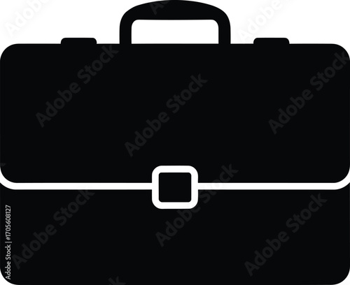 A simple, bold black silhouette of a briefcase with a white clasp and handle.