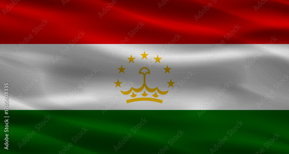 Naklejka premium Tajikistan flag with fabric texture. Realistic flag of Tajikistan waving