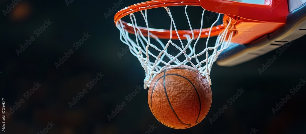 Fototapeta premium Basketball, orange ball, net, rim, dark background