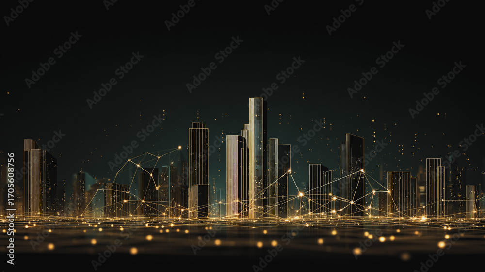 Fototapeta premium Twilight a city of modern business and smart digital innovation with a network of interconnected rewards over the cityscape of the future smart wireless digital city and social media network