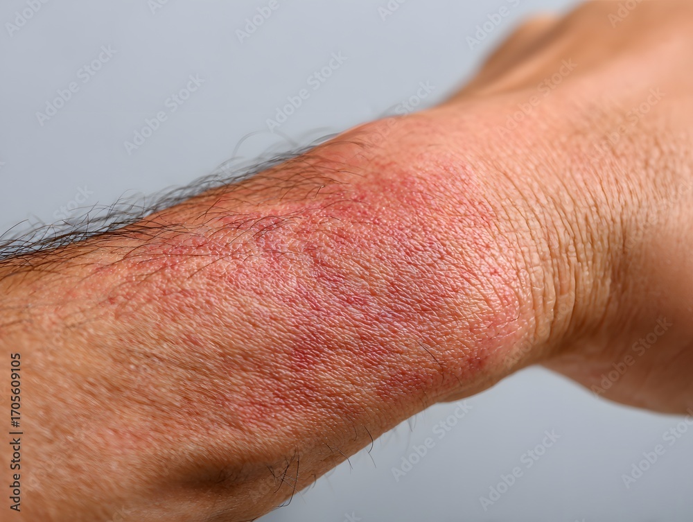 Fototapeta premium Clinical close-up photograph of a red, irritated skin rash on an arm. The image focuses on skin texture against a neutral white background.