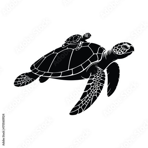 Black and white vector illustration of sea turtle with baby turtle on shell design