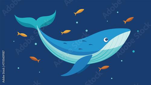 Majestic blue whale gliding through deep ocean waters surrounded by small fish