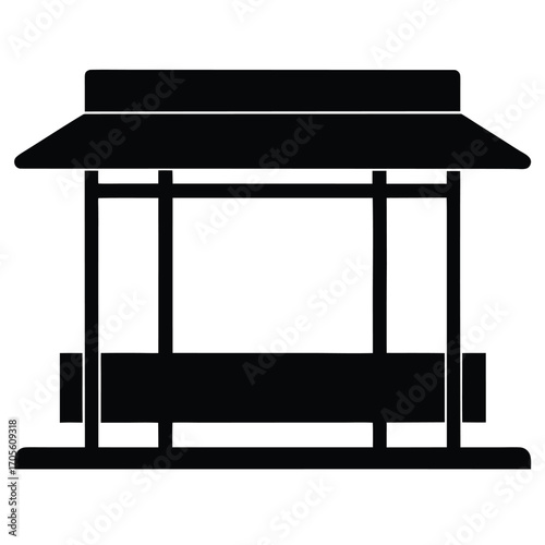 Black Silhouette Icon of a Gazebo with a Sloping Roof and a Central Bench Keywords: gazebo, pavilion, shelter, structure, building, architecture, icon, silhouette, black and white, simple
