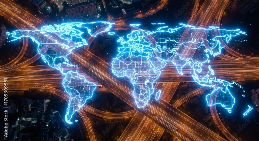 Obraz premium World Connectivity Network Above Glowing Roads At Night