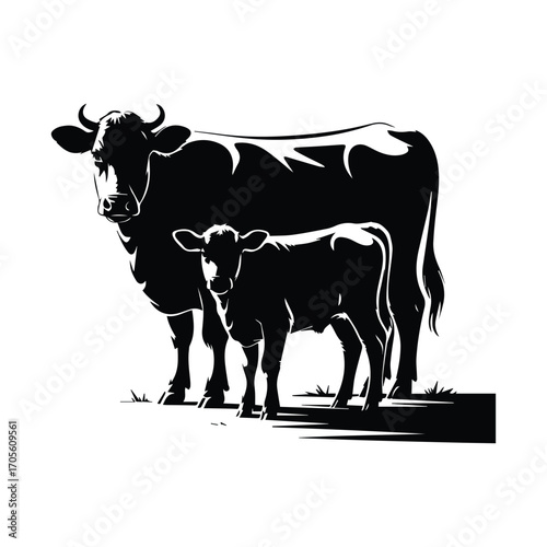 Black and White Silhouette of Cow and Calf Standing Together Graze Farm Animal