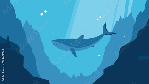 Majestic whale shark swims past towering underwater cliffs in blue ocean depths vector illustration
