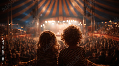 kids watching circus show from rear view inside festive carnival dome tent capturing excitement joy fun lively entertainment family outing and celebration event