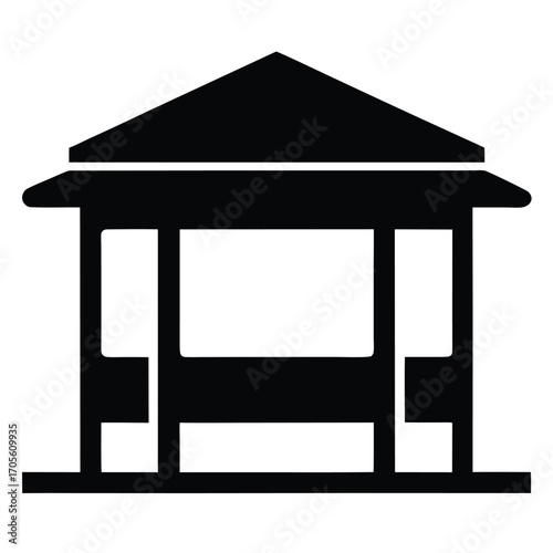 Black Silhouette Icon of a Traditional Gazebo with a Wide Roof and Open Sides Keywords: gazebo, pavilion, shelter, structure, building, architecture, icon, silhouette, black and white, simple
