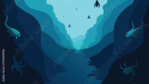 Mysterious deep sea underwater canyon with strange creatures and submersible vehicles vector illustration