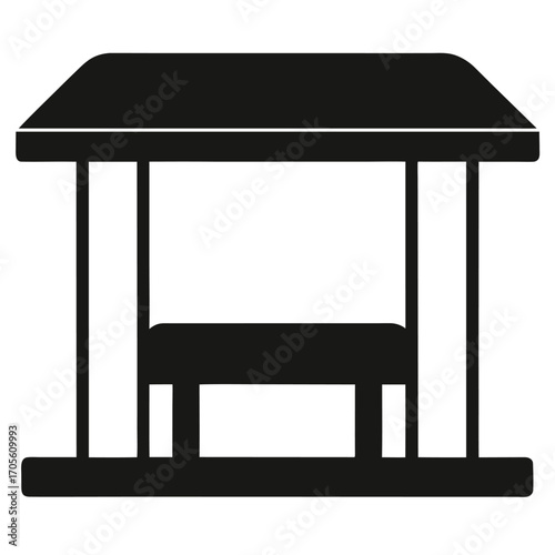 Black silhouette of a bus stop shelter with a bench and a simple roof structure Keywords: bus stop, shelter, bench, pillars, roof, waiting, public transport, transportation, simple, icon
