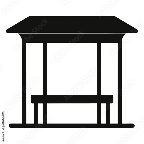 Black silhouette of a minimalist bus stop shelter with a bench and a flat roof Keywords: bus stop, shelter, bench, pillars, roof, waiting, public transport, transportation, simple, icon