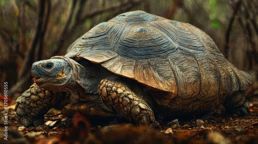 Obraz premium Wild Tortoise Roaming Through Lush Forest Backdrop, Stunning Wildlife Photography for NatureThemed Projects, Ideal for Tranquil and Serene Settings.