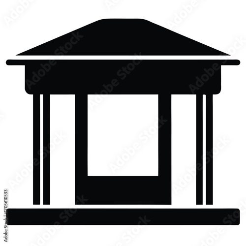 Simple black silhouette of a classical building facade with columns and a pediment roof architecture