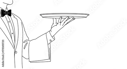 Elegant Waiter Holding Tray - Minimalist Line Art Illustration.