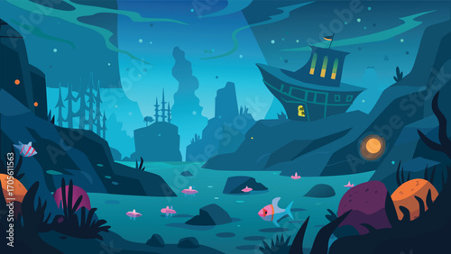 Mysterious underwater world with ancient shipwreck and surreal scenery vector illustration