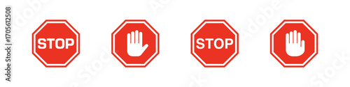 Stop sign. Road traffic stop sign vector set. Isolated red stop signs set.