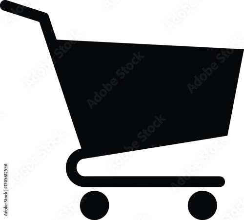 A simple black silhouette of a shopping cart with wheels and a handle, commonly used for e-commerce and retail.