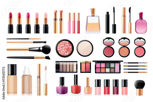 Realistic cosmetics makeup. Cosmetic make up products, powder lipstick mascara brush eyeshadow palette concealer eyes hadow female beauty decorative set, exact vector illustration