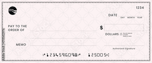 Empty money cheque. Bank check. check book template with pattern and blank fields. Currency payment coupon, US dollar check background.