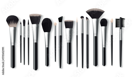 Realistic cosmetic brushes. Makeup brush for eyeshadow, powder blush face foundation eyelashes eyebrow eye shadow brow make up tool paintbrush beauty set exact vector illustration
