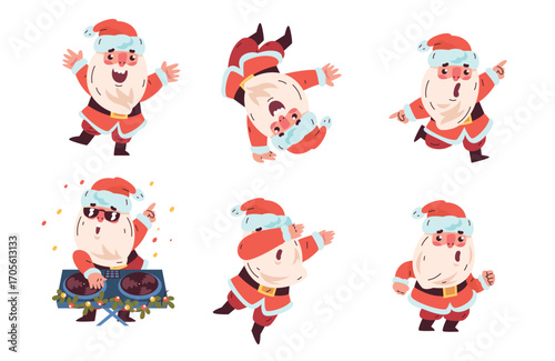 Dancing santa claus. Christmas cartoon character dance poses, dab move funny break dancer or dj xmas party happy new year noel cute mascot jumping pose classy vector illustration