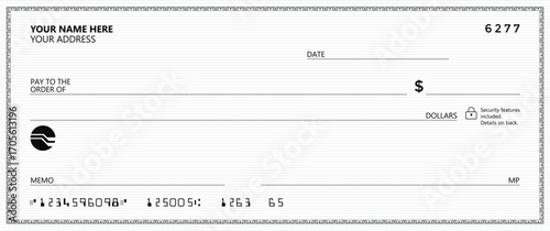 Empty money cheque. Bank check. check book template with pattern and blank fields. Currency payment coupon, US dollar check background.