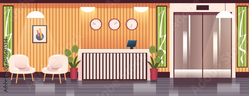 Hotel reception interior. Receptionist information desk, empty lobby hall indoor luxury hostel office hallway area cartoon background secretary counter, classy vector illustration