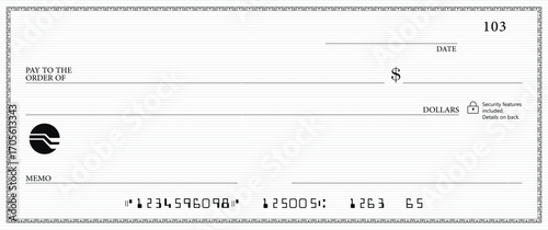 Empty money cheque. Bank check. check book template with pattern and blank fields. Currency payment coupon, US dollar check background.