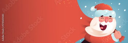 Santa bag banner. Claus carrying bag with christmas gifts sale banner header text letter merry xmas happy new year winter holiday red greeting background classy vector illustration