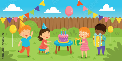 Kids birthday party backyard. Children anniversary celebration on house yard, neighborhood kid friends give gifts home holiday decoration cartoon scene, kicky vector illustration