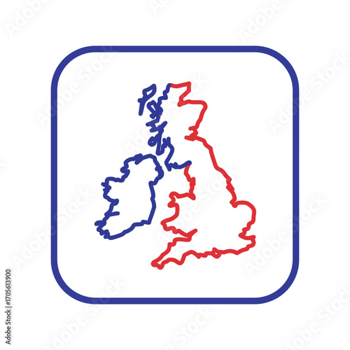 uk and ireland map outline in blue and red depicting geography and political boundaries for educational materials and international trade visuals.