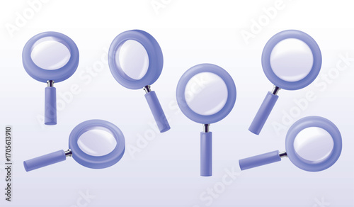 3d magnifying glass. Magnifier loupe render, magnify lens zoom search research business analyzing find read detective concept, lupe lupa set isolated exact vector illustration