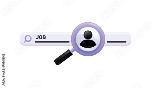 3d search job. Magnifying glass find vacancy, job candidate hire service recruit search career opportunity human resource employer hr interview, render exact vector illustration