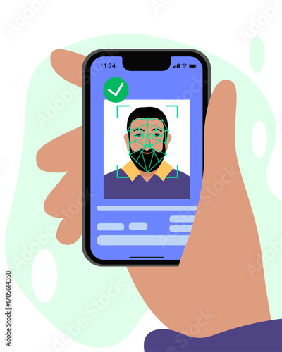 Verification ID is an illustration of Verification ID using system of face recognition and personal ID. The concept is take a photo by holding their own ID to get verified. Vector illustration.
