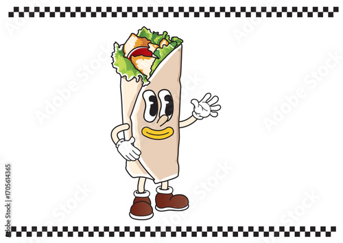 Friendly cartoon shawarma character walking and waving hello on white background with checkered banner frame. Food concept