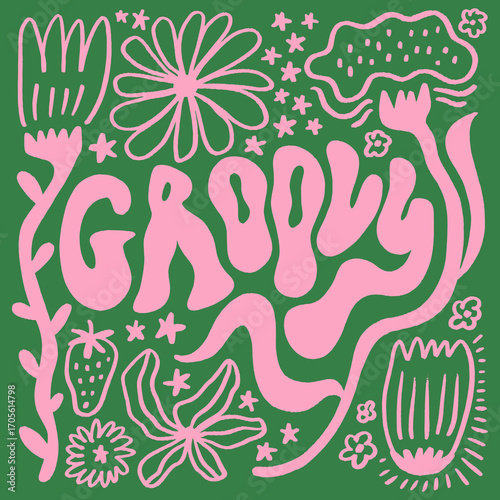 Groovy Floral Illustration with Psychedelic Vibe Boho Vector Clip-art Ornate Illustrated Composition Background Print
