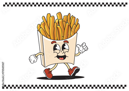 Delighted french fries cartoon character walking and gesturing on white background with checkered frame. Food concept