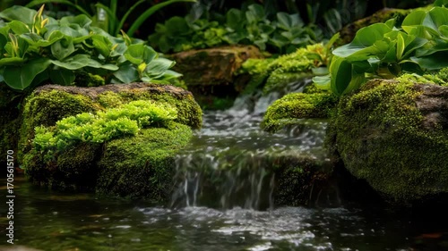 Cascading Waterfall Over Moss Covered Rocks Lush Greenery Tranquil Scene Smooth Flowing Water Background Refreshing Atmosphere Close Up View Natural Beauty