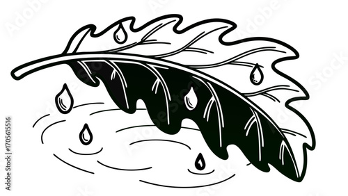 Stylized leaf with water droplets falling into a puddle in black and white illustration created with generated ai