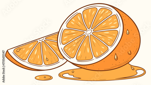 Illustration of a sliced orange with juice droplets and a puddle on a white background art created with generated ai