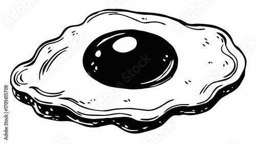 A black and white drawing of a fried egg with a dark yolk and textured egg white outline illustration created with generated ai