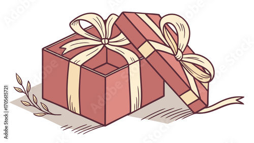 A charming illustration of an open gift box with a ribbon and a decorative sprig of leaves nearby created with generated ai