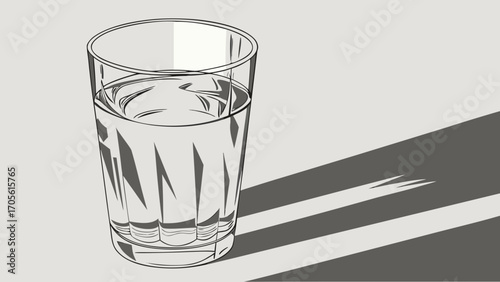 A glass of water with light and shadow effects, showcasing a simple yet elegant composition on a plain backdrop created with generated ai