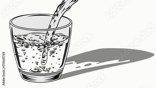 Illustration of water being poured into a glass with bubbles and a shadow on a white background created with generated ai