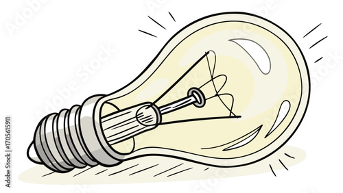 Cartoon style illustration of a glowing light bulb with visible filament and radiating light lines created with generated ai