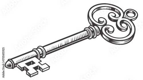 Detailed illustration of a vintage key with intricate designs and classic features in black and white created with generated ai