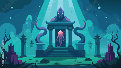Ancient mystical underwater temple with kraken statue and ethereal light beams